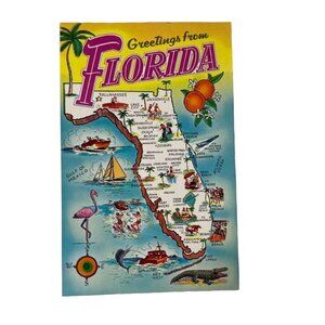 Vintage Postcard Greetings Florida Pictorial State Map Sightseeing u Sunshine St